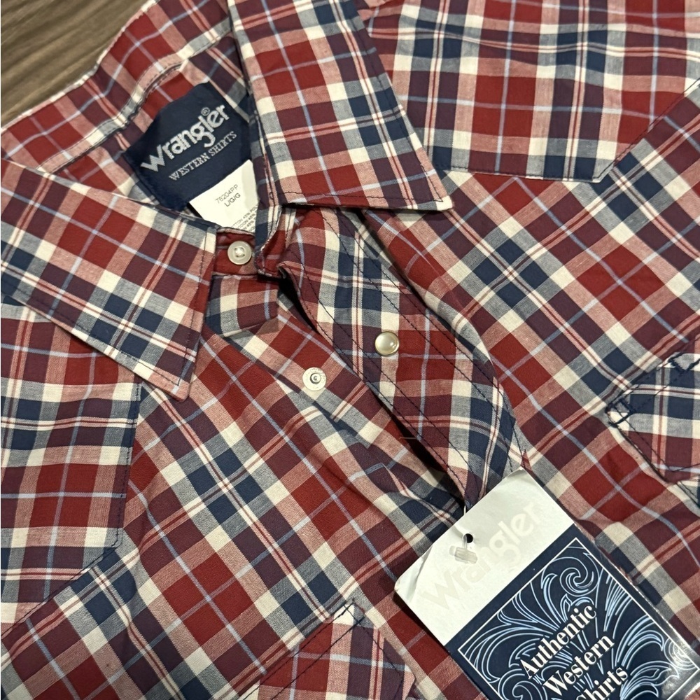 Wrangler Western Plaid Shirt Men's Large Pearl Snap Red I Cowboy Rodeo NEW - Picture 2 of 3